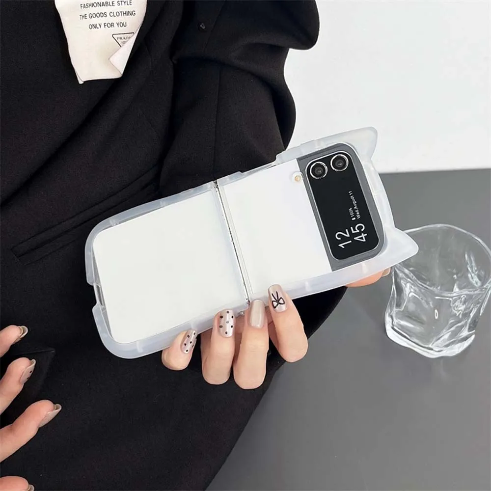 Funda de teléfono transparente con orejas de gato para Samsung Galaxy Z Flip 6, 5, 4, 3, a prueba de golpes, parachoques plegable transparente, cubierta trasera suave Z Flip6 - imagen 3