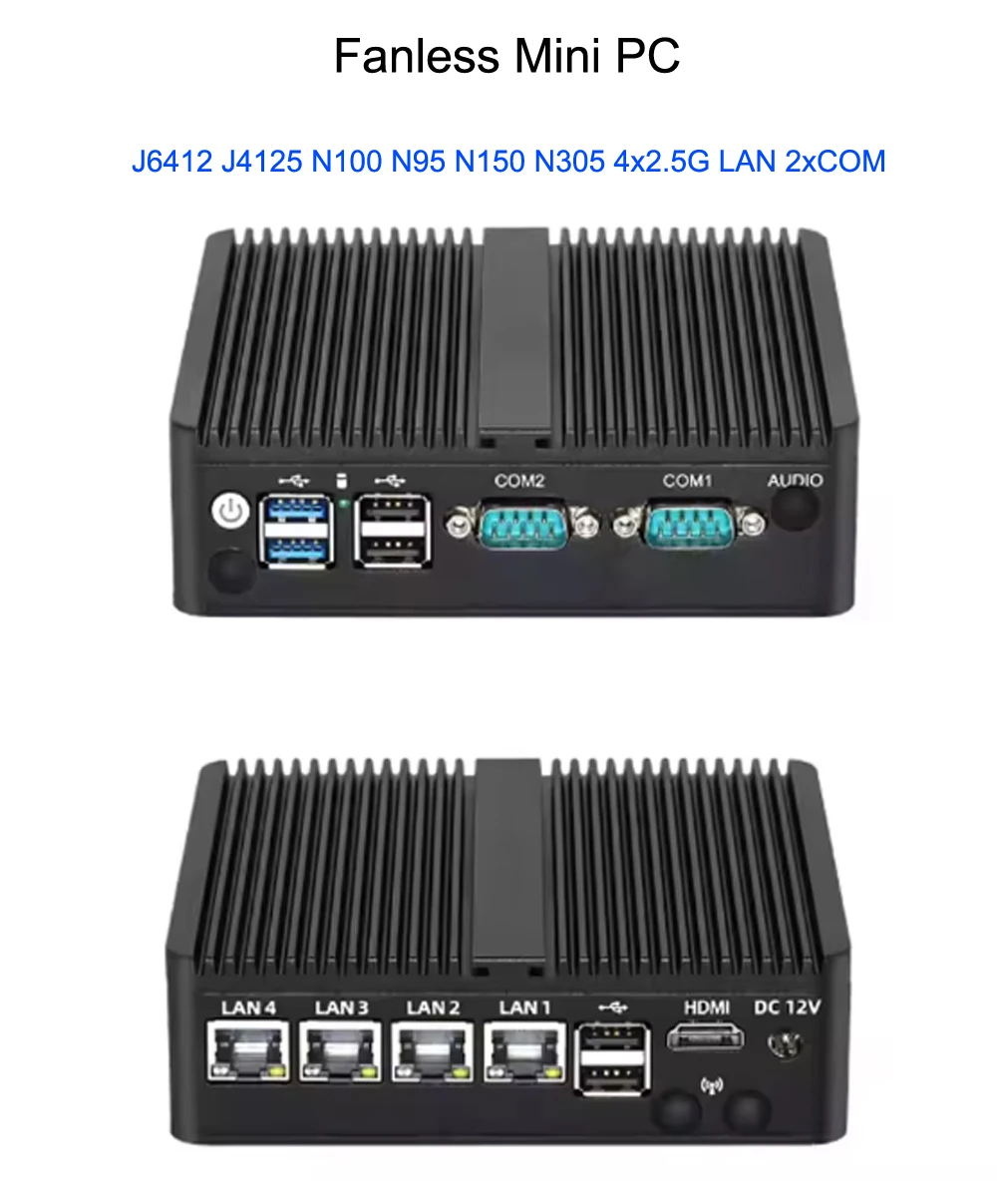 Mini PC sin ventilador LAN 4x2,5G i226V, enrutador suave HD 2xCOM intel Celeon J6412 N150 N97 N100 N305, dispositivo de cortafuegos para ordenador