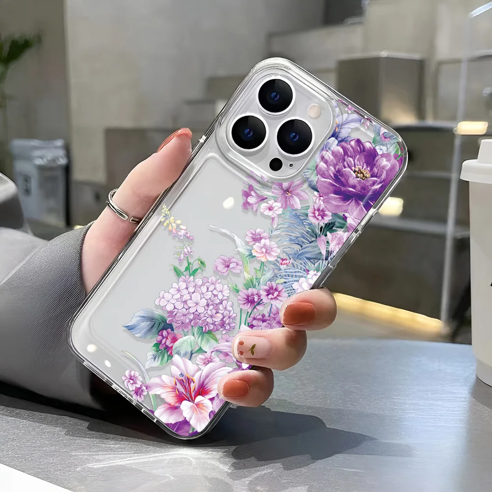 Funda de teléfono con purpurina y flores moradas para iPhone 16, 16E, 15, 14, 13, 12, 11 Pro Max Plus, funda dura para chica, carcasa transparente epoxi - imagen 4