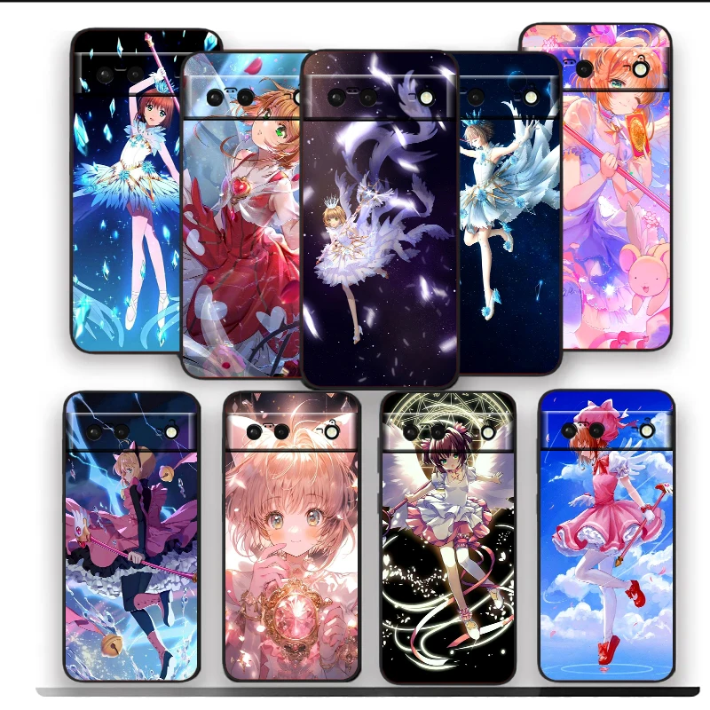 Funda de teléfono de silicona negra a prueba de golpes, arte de cómic Sakura para Google Pixel 9, 8, 7A, 7, 6A, 6, 5A, 5, 4, 4A, XL, 5G
