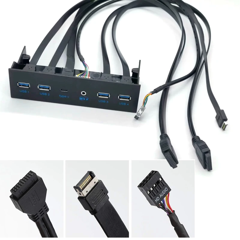 Panel de barra frontal de chasis de 5,25 pulgadas Hub USB con 4 puertos USB3.0 + 1 puerto tipo c + 1 puerto de audio HD Panel frontal de extensión de 19 pines - imagen 3