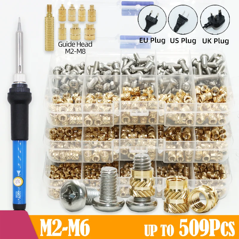 Juego de calor de inserción, cabezal de punta de pistola para soldar y tornillo de máquina, insertos de fusión en caliente, tuerca de latón, juego de ordenador, pernos de CPU, Kit de inserción de rosca