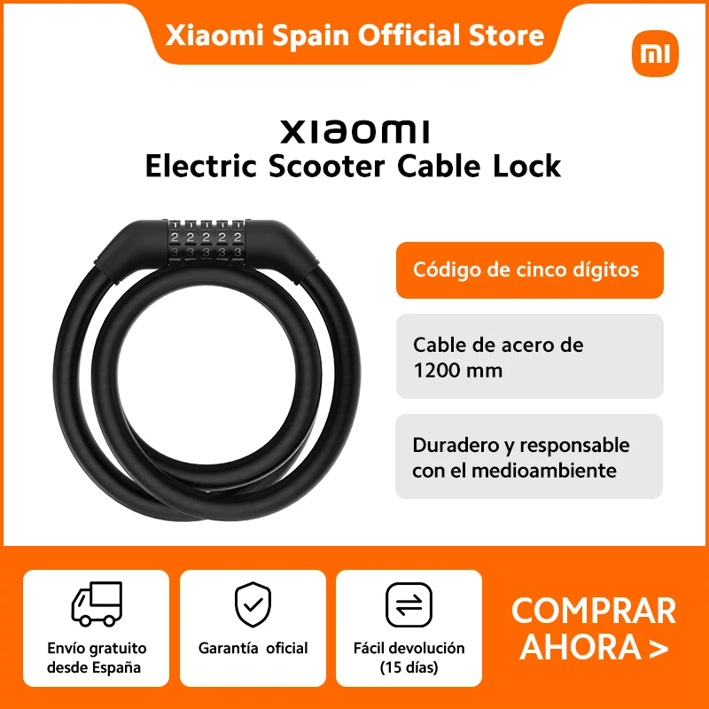 Oficial｜Xiaomi Electric scooter cable lock Negro General, Código de cinco dígitos, Cable de acero de 1200 mm, Duradero y responsable con el medioambiente