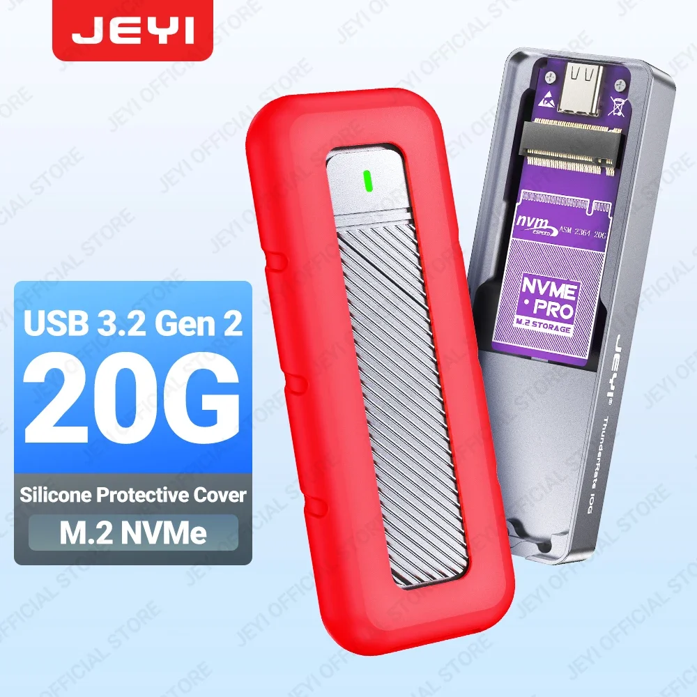 JEYI 20G M.2 NVMe SSD con cubierta protectora de silicona, USB C 3,2 Gen2 x2 20Gbps NVME caja de unidad de estado sólido externa