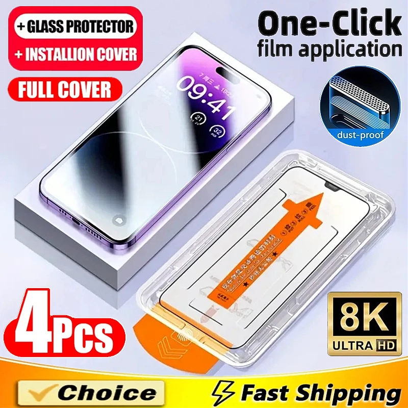 Protector de pantalla oleofóbico sin polvo, fácil instalación, 4 Uds., para iPhone 16 15 14 13 12 11 17 Pro Max XR X XS MAX 8 7 Plus - imagen 2