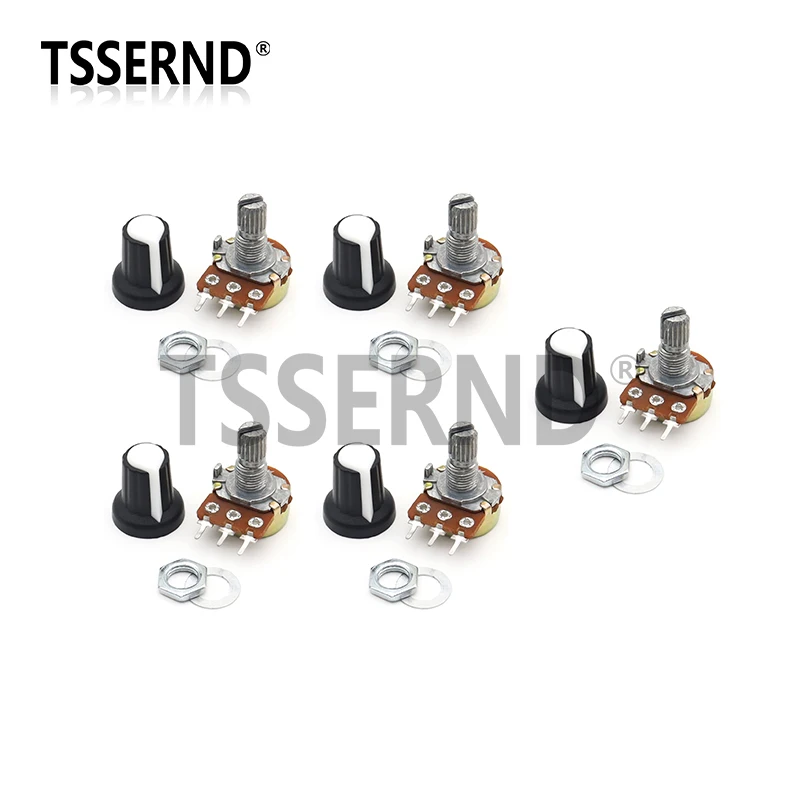 5 juegos WH148 1K 10K 20K 50K 100K 500K Ohm 15mm resistencia de potenciómetro giratorio cónico lineal de 3 pines para Arduino con tapa blanca AG2