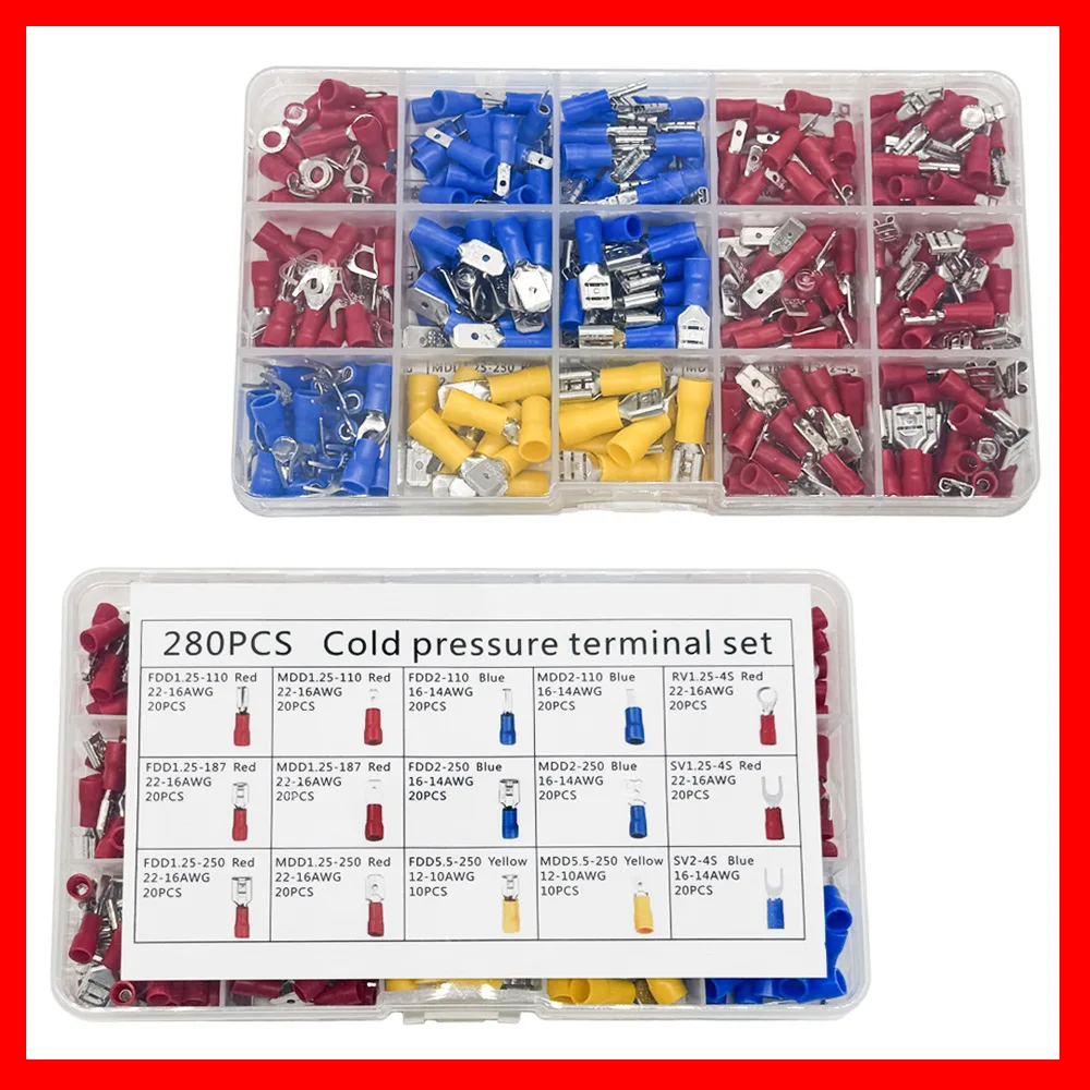 Juego de bloques de terminales prensados en frío aislados, 280 Uds., kits de juego de bloques de terminales de cableado de terminales en caja de comercio exterior
