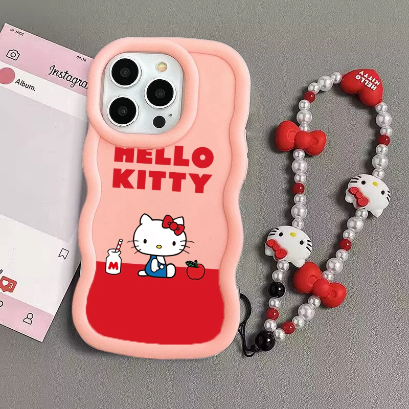 Funda de silicona 3D Wave Pink Cute Hello Kitty Chain Love para IPhone 17 Pro 17 Air 16e 16 15 14 13 12 PRO MAX Plus Y2K Funda - imagen 5