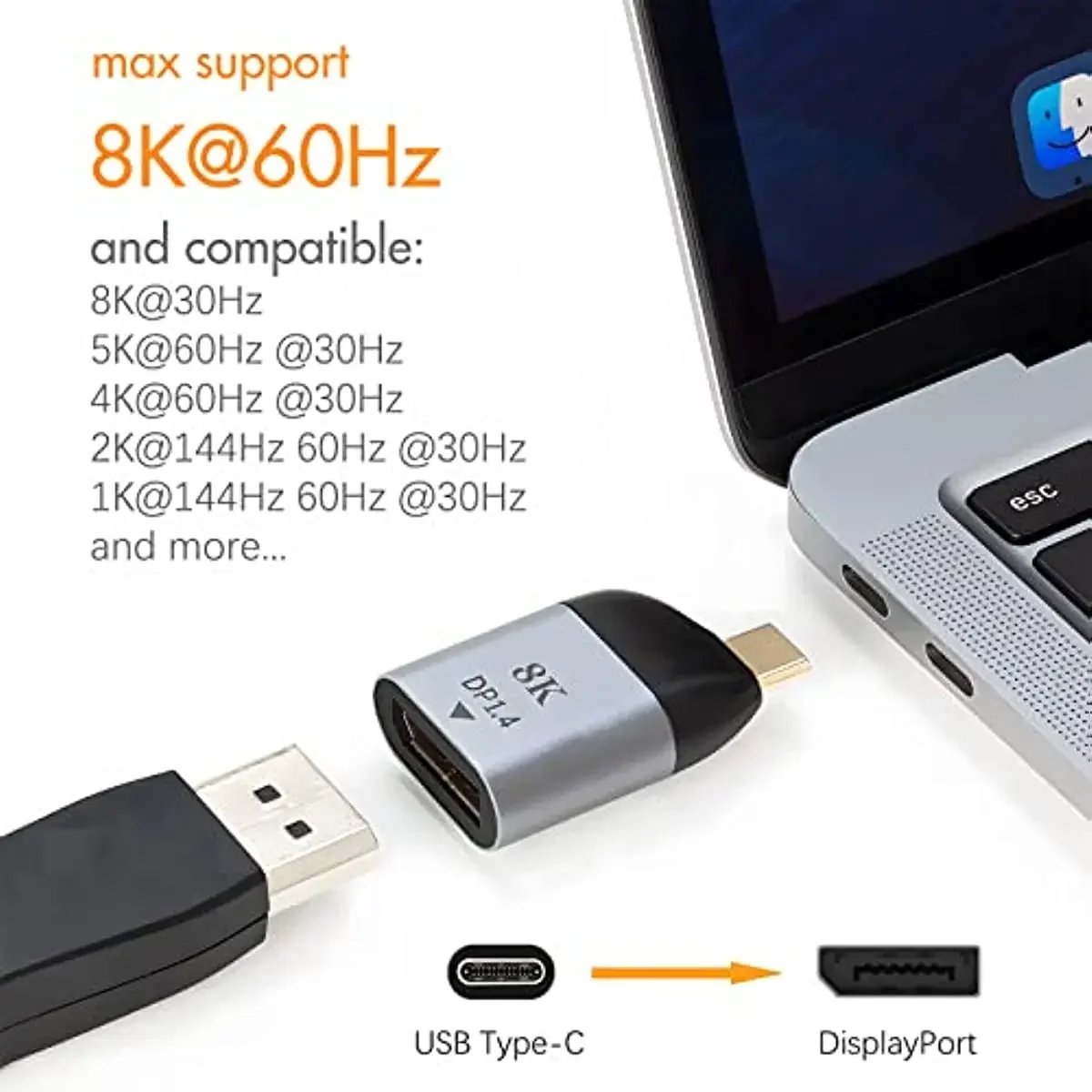 Adaptador de USB-C a DisplayPort1.4 Thunderbolt3/4 tipo-c a DP/MiniDP, convertidor de vídeo para Monitor de ordenador portátil, 8K @ 60Hz - imagen 2