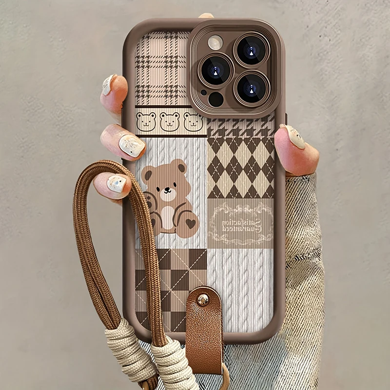 Funda de teléfono con correa colgante de oso con patrón de rejilla para iPhone 17 16 15 14 Pro Max 13 12 11 Pro 16E XS X XR 7 Plus SE, funda suave a prueba de golpes - imagen 5