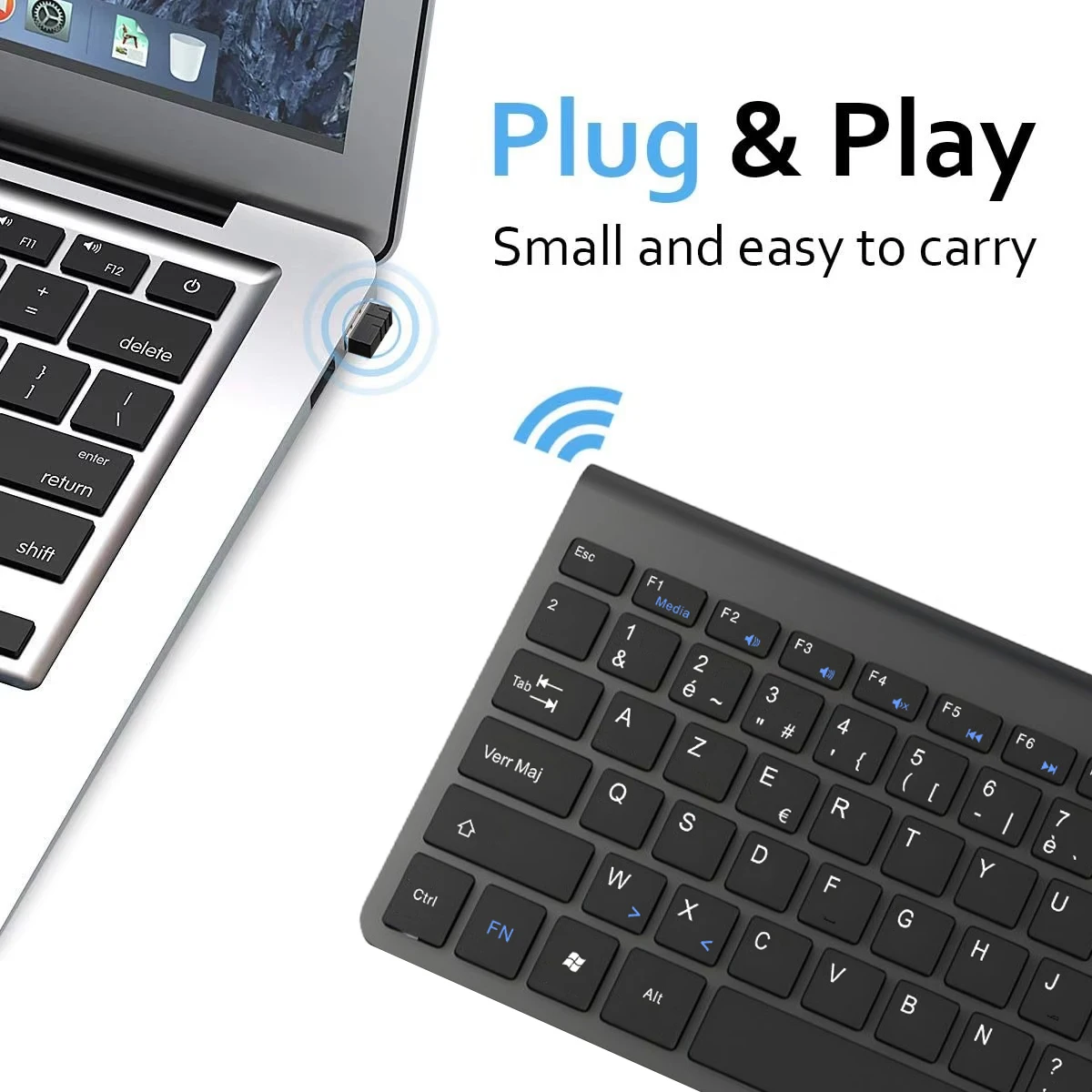 Teclado inalámbrico ultradelgado con diseño AZERTY, teclado francés Multimedia de poco ruido para ordenador portátil, escritorio, Windows, Smart TV - imagen 5