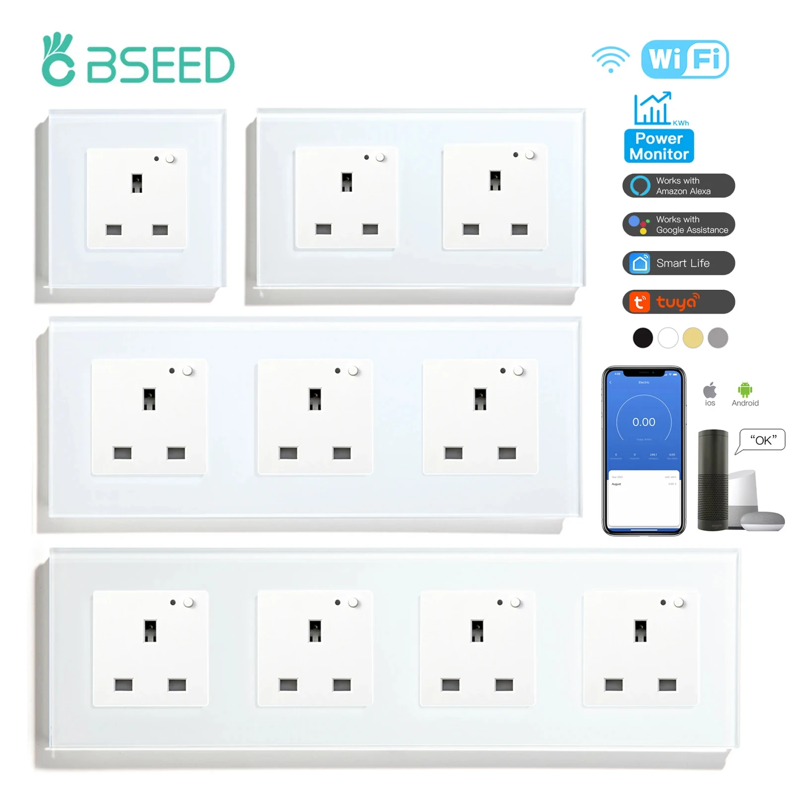 BSEED Wifi enchufe inteligente Reino Unido enchufes de pared tomas de corriente eléctrica Tuya Smart Life Google Alexa aplicación Control función de Monitor de potencia