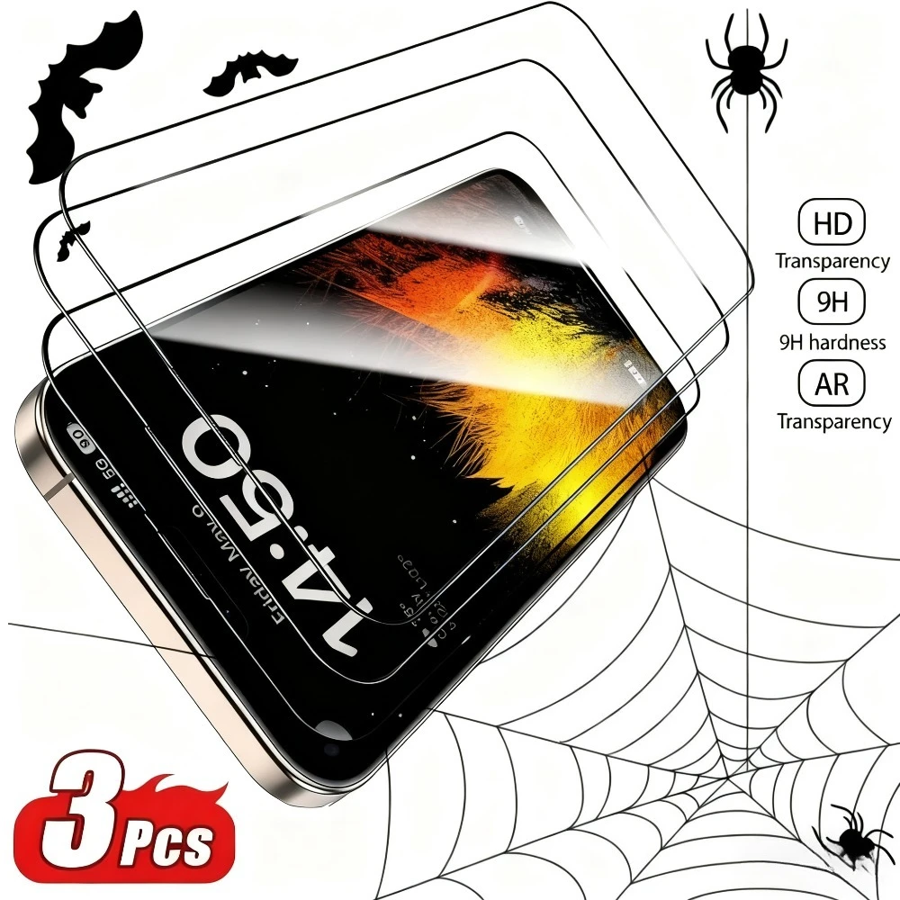 Protector de pantalla de cubierta completa de 3 uds para iPhone 17 16 15 14 13 Pro Max Air 12 11 Pro 15 16 Plus XR XS Max 9H dureza vidrio templado