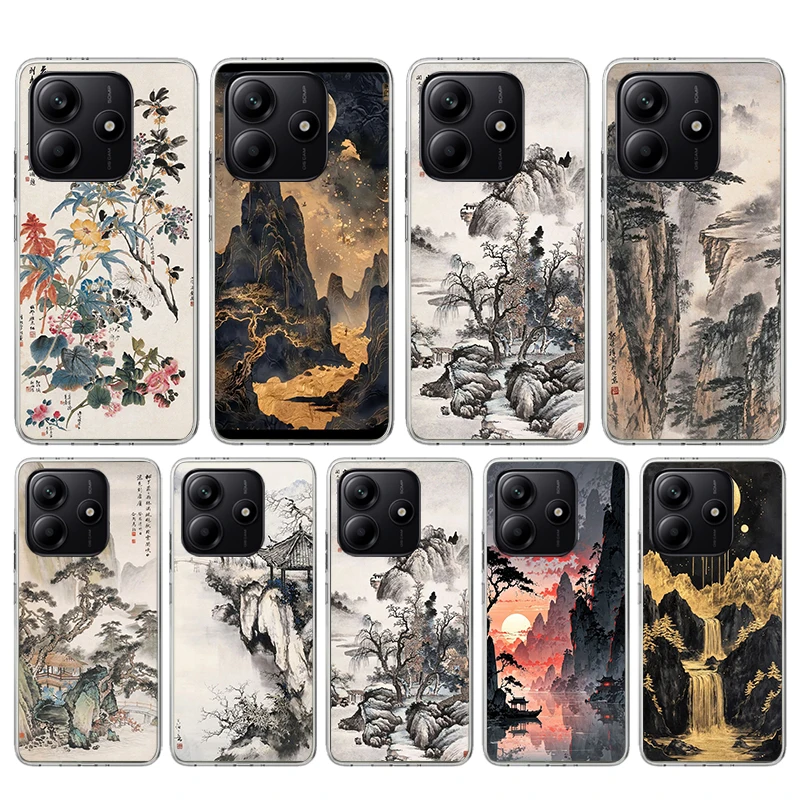Funda de teléfono de silicona con pintura de tinta de estilo chino para Xiaomi Redmi Note 14 14S 13 12S 11 Pro Plus 11S 10 10S 11T 11E 4G 5G So