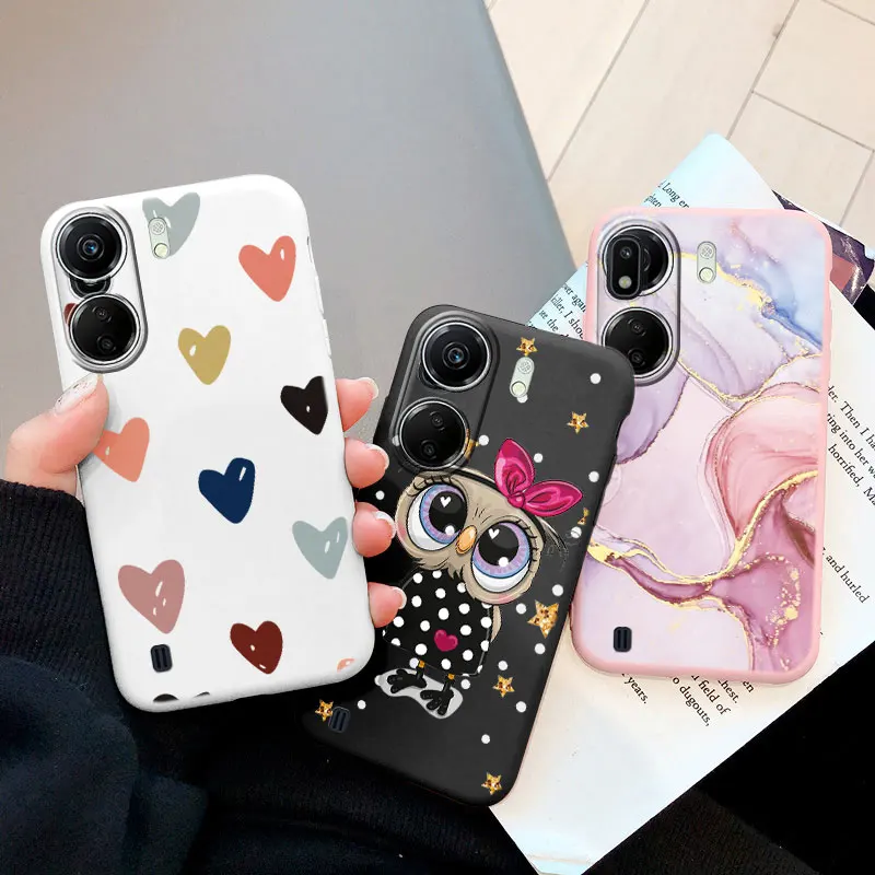 Funda con estampado de mármol y corazón rosa para Redmi 13C 13 A5 A3, funda protectora de silicona suave pintada con búho de dibujos animados para cámara