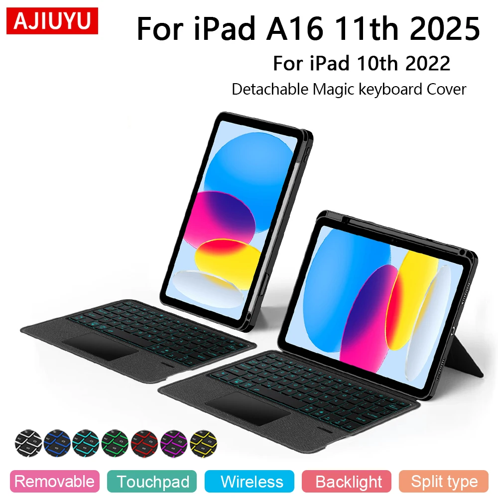 Funda con teclado AJIUYU para iPad A16 2025, 11 pulgadas, 11.a funda inteligente para iPad 10, 10. a generación 2022, teclado con panel táctil retroiluminado - imagen 2