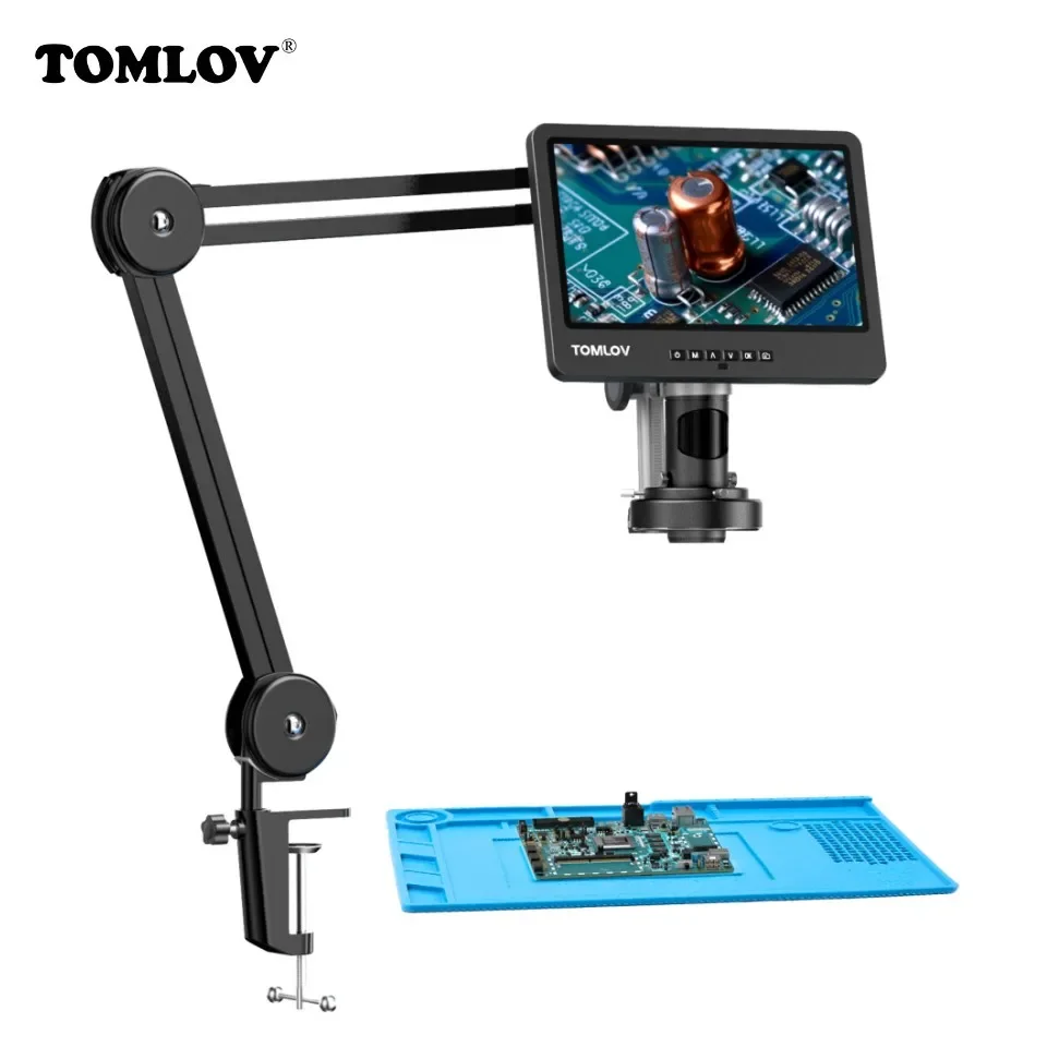 TOMLOV-microscopios HDMI DM602, Microscopio de soldadura Digital flexible, 2000X, 10,1 ", 3 lentes, moneda, anillo de luz para reparación
