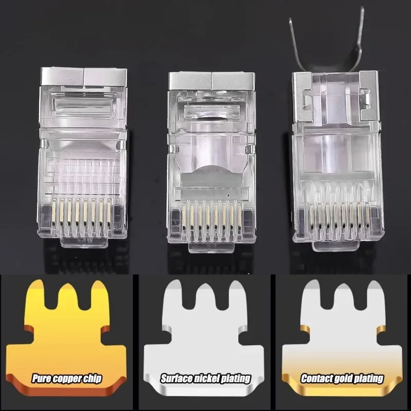 Conectores de paso blindados Cat7 Cat6 RJ45, enchufes modulares chapados en oro Cat 5 para Cable Ethernet FTP/STP sólido o trenzado - imagen 3