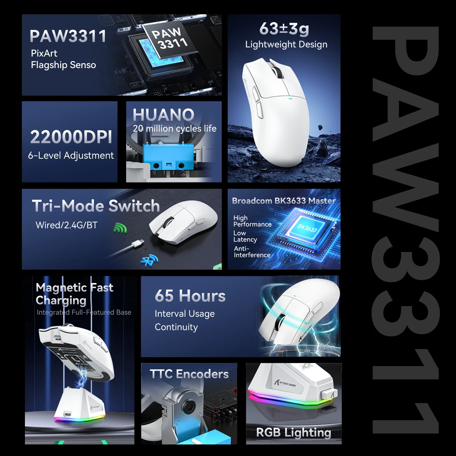 Attack Shark X11 Ratón para juegos trimodo con base de carga magnética, sensor PixArt PAW3311, 22K DPI, BT/2,4 Ghz/con cable, para PC/MAC - imagen 2