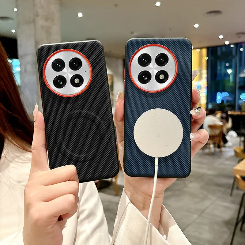 Para OnePlus 13 funda magnética ELVEV antihuellas anticaída dura PC tejido PU funda de teléfono de succión de cuero - imagen 4