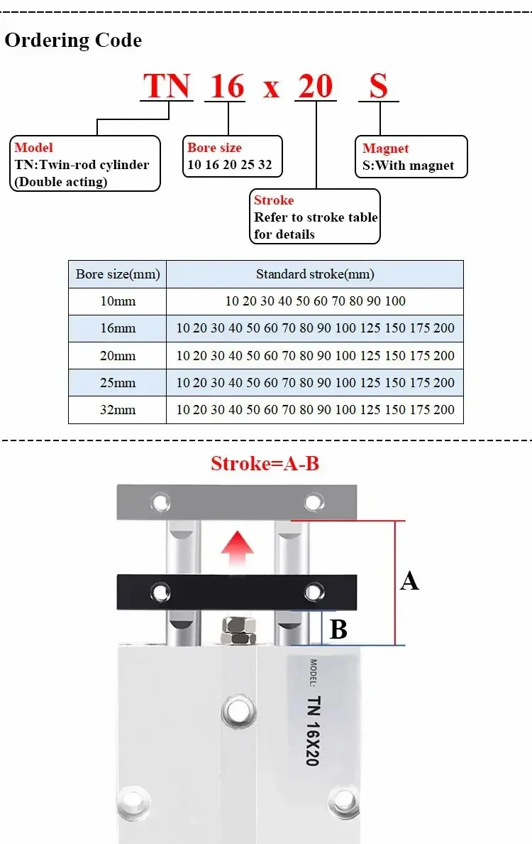 Cilindro neumático de doble varilla TN 10 16 20 25 32mm carrera de aleación de aluminio 30 40 50 60 80 100 150 200mm cilindro de aire - imagen 4