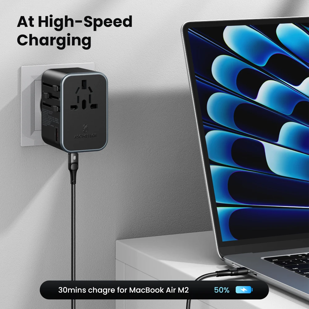 Adaptador de viaje internacional ASOMETECH 65W GaN PD3.0 QC3.0 PPS 3 USB GaN adaptador de carga rápida con enchufe UE AU EE. UU. Reino Unido para viajes - imagen 4