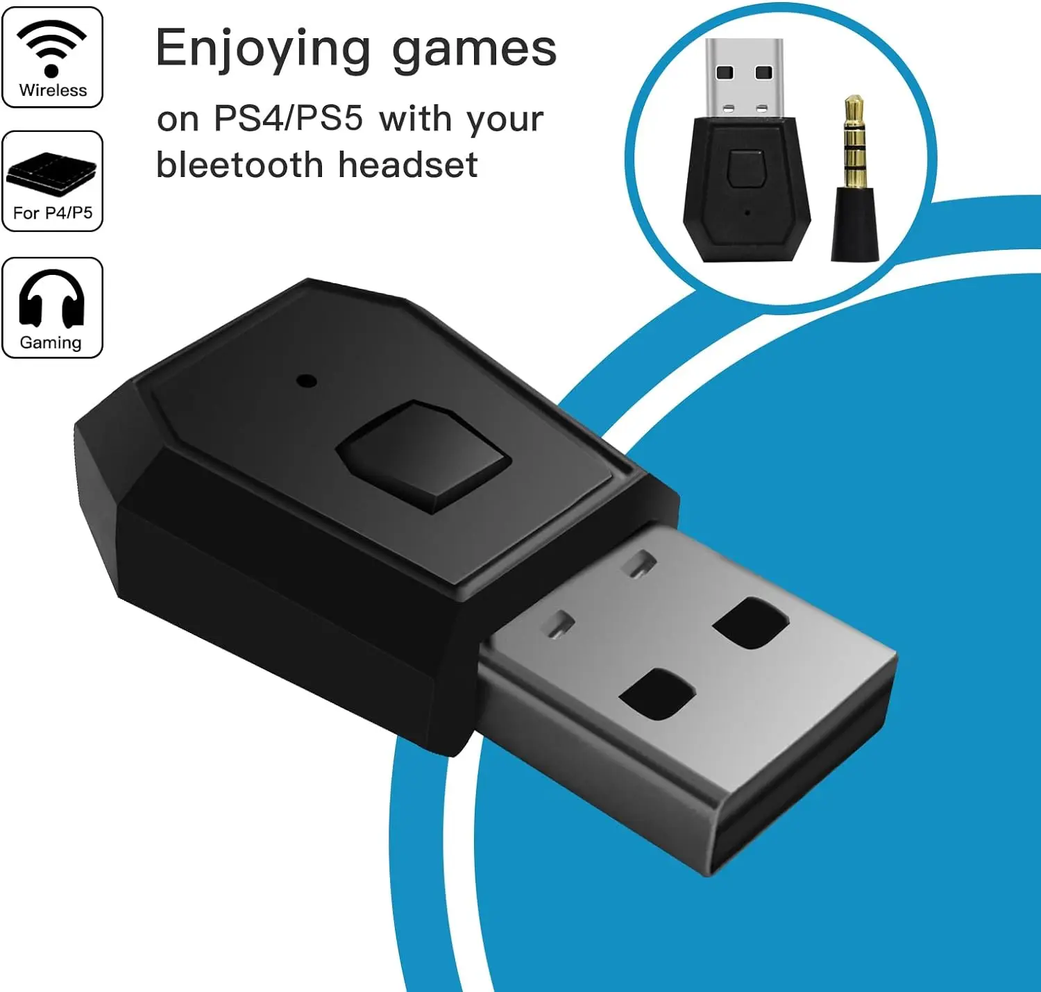 Mini micrófono inalámbrico, adaptador de Audio USB, receptor Compatible con PS4, PS5, DualSense, Compatible con A2DP, HFP, HSP
