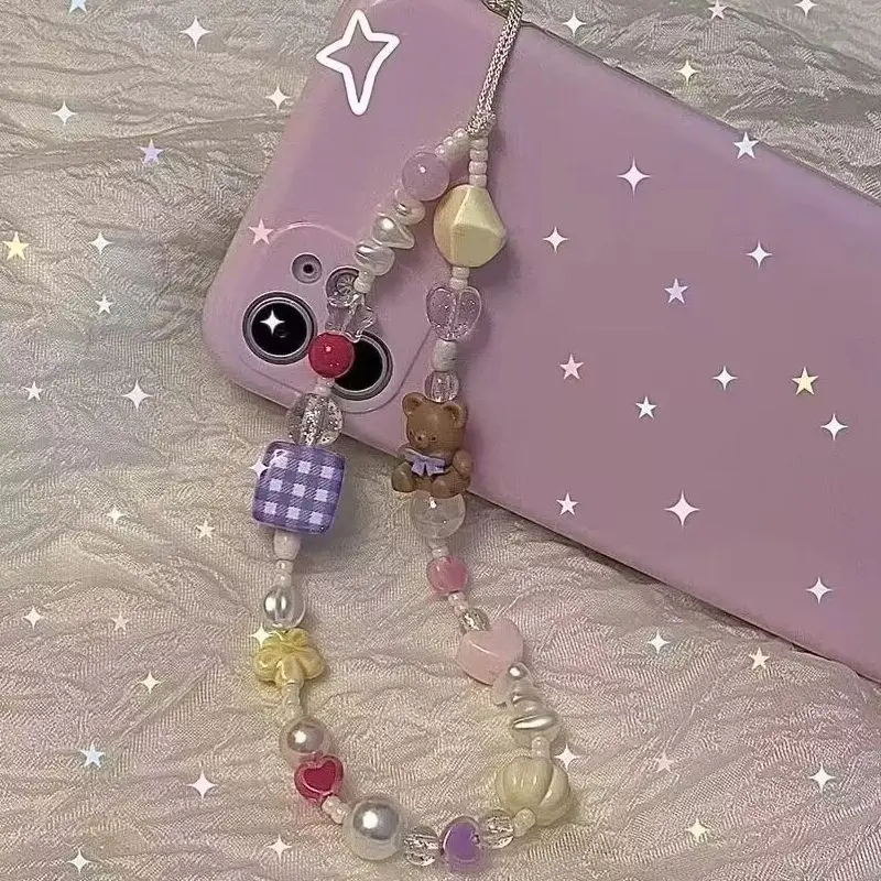 Coreano encantador oso 3D flor corazón con cuentas cadena para teléfono cordón colgante dijes para teléfono correa de teléfono cordón móvil hecho a mano regalo de joyería