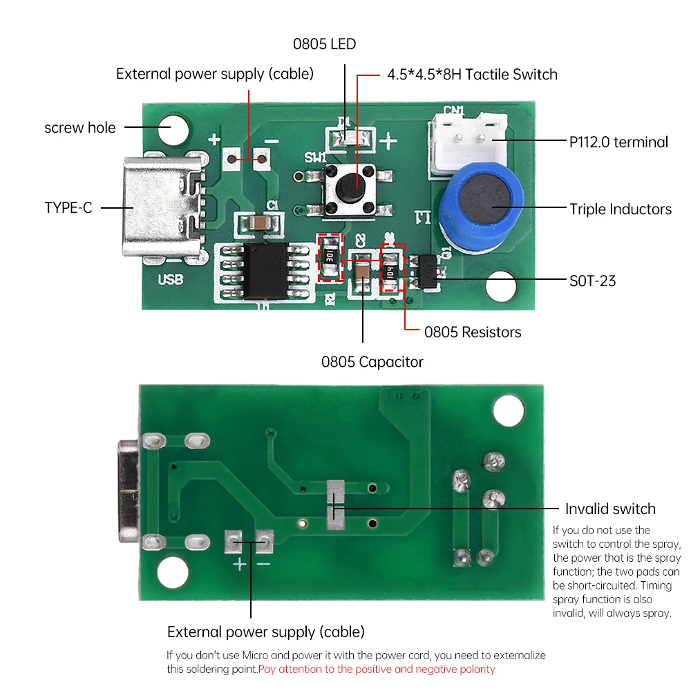 Módulo nebulizador ultrasónico de 5V CC, Humidificador artesanal, tablero de controlador, pulverizador, accesorios de bricolaje, interfaz tipo C - imagen 5