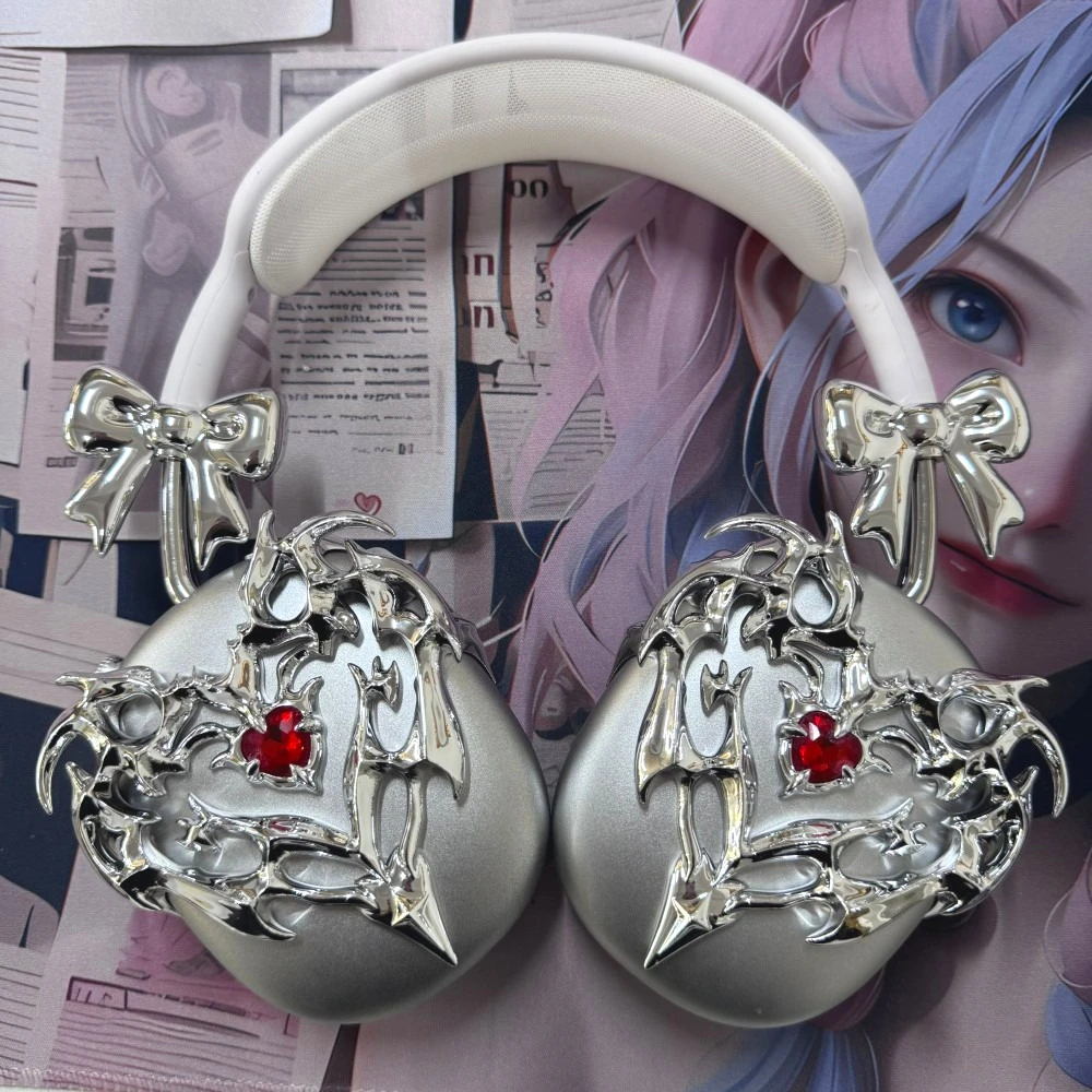 Funda para Airpods Max Y2K Love Crystal Bow resina plata funda para auriculares decoración Airpods Max accesorio accesorios para auriculares - imagen 2