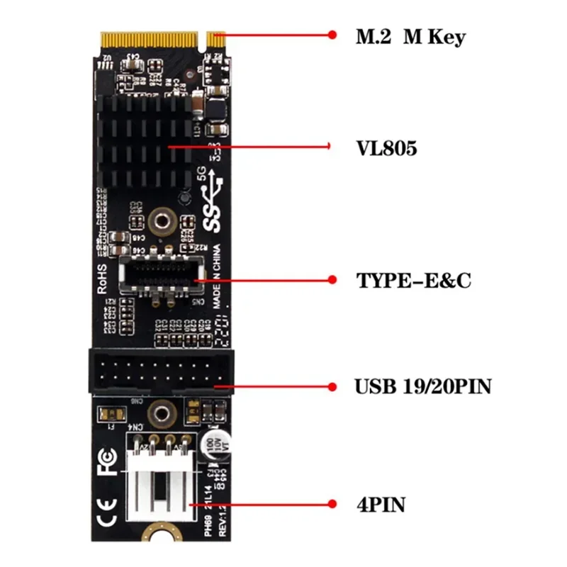 Toma de Panel frontal USB 3,1 tipo E de 5Gbps y adaptador USB 2,0 a NVME NGFF M-Key Express Card VL805 M.2 para placa base - imagen 4