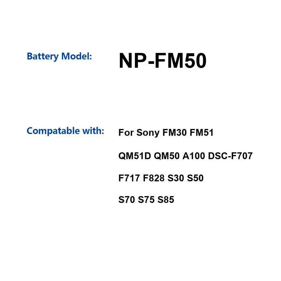 Batería de cámara para Sony FM30 FM51 QM51D QM50 A100 Dsc-F707 F717 F828 S30 S50 S70 S75 S85 Premium reemplazo NP-FM50 1800Mah