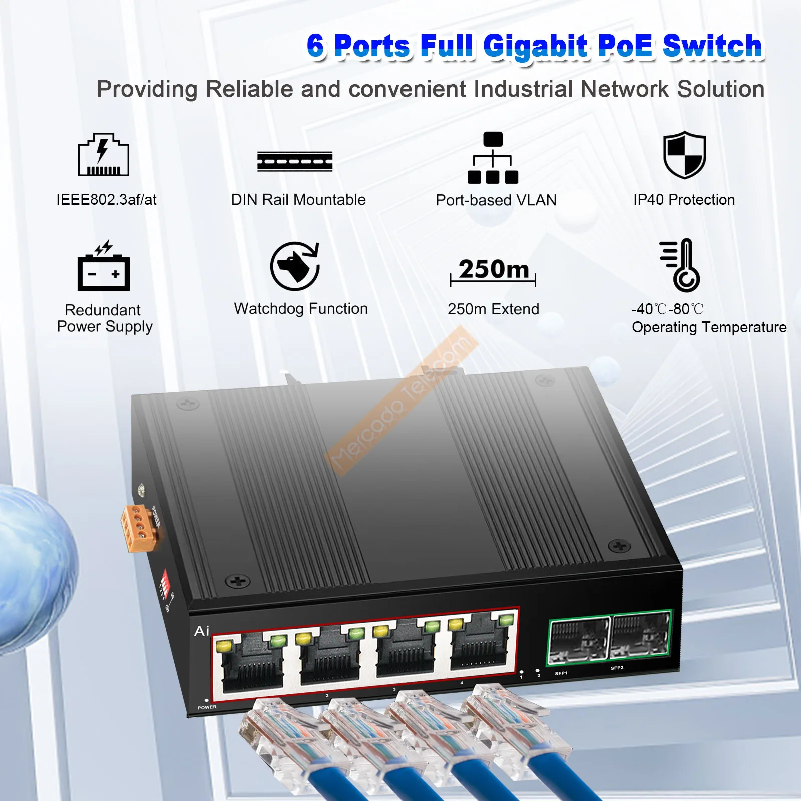 Conmutador Industrial Gigabit POE, 6 puertos, 100/1000Mbps, conmutador Ethernet no administrado con protección contra tormentas de transmisión Vlan LPP - imagen 3