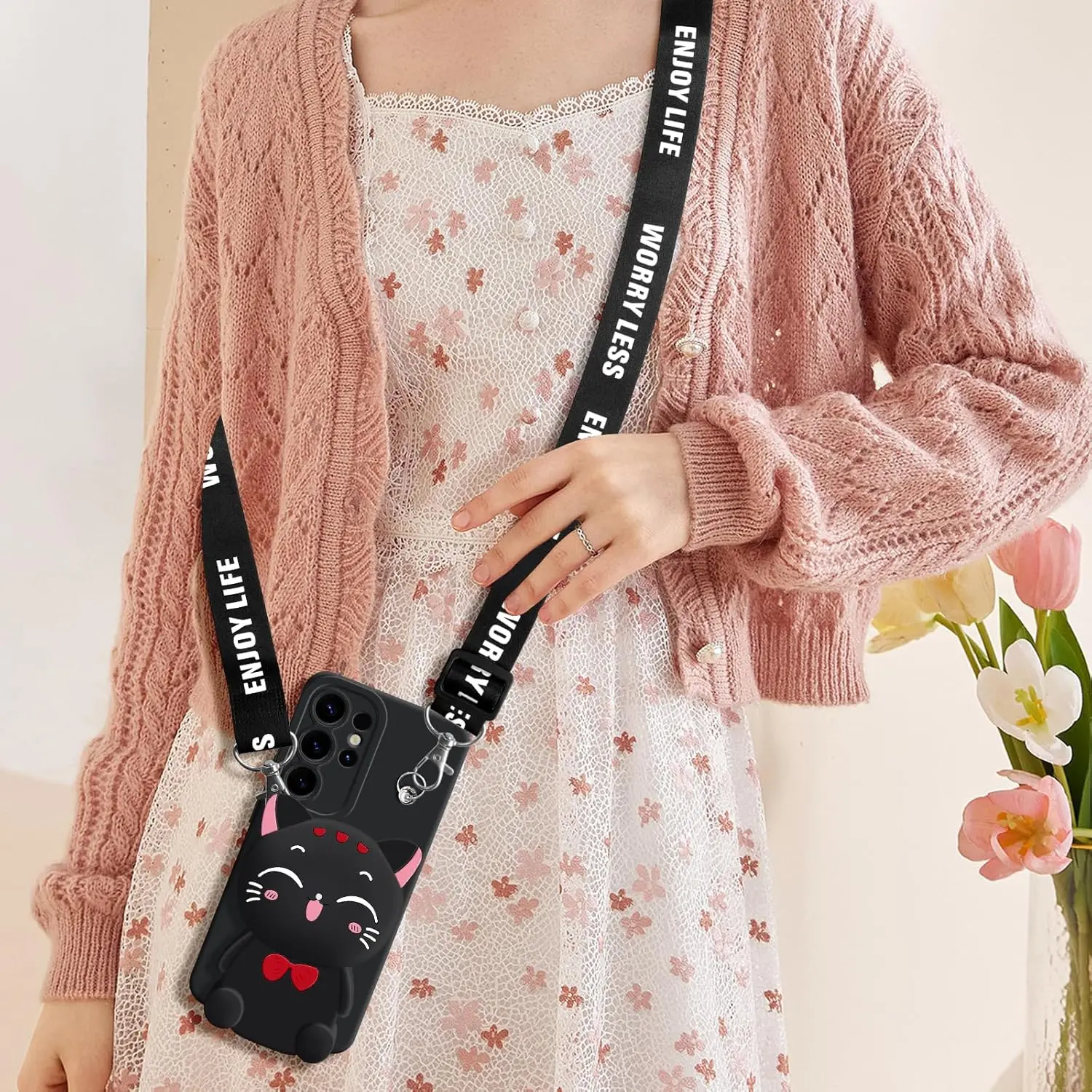 Para Samsung Galaxy A12 A11 A71 A51 A52 A22 A02s A32 A13 A53 A03s A04s A20s A33 A73 A23 Funda tipo billetera con gato de la suerte con cuerda - imagen 5