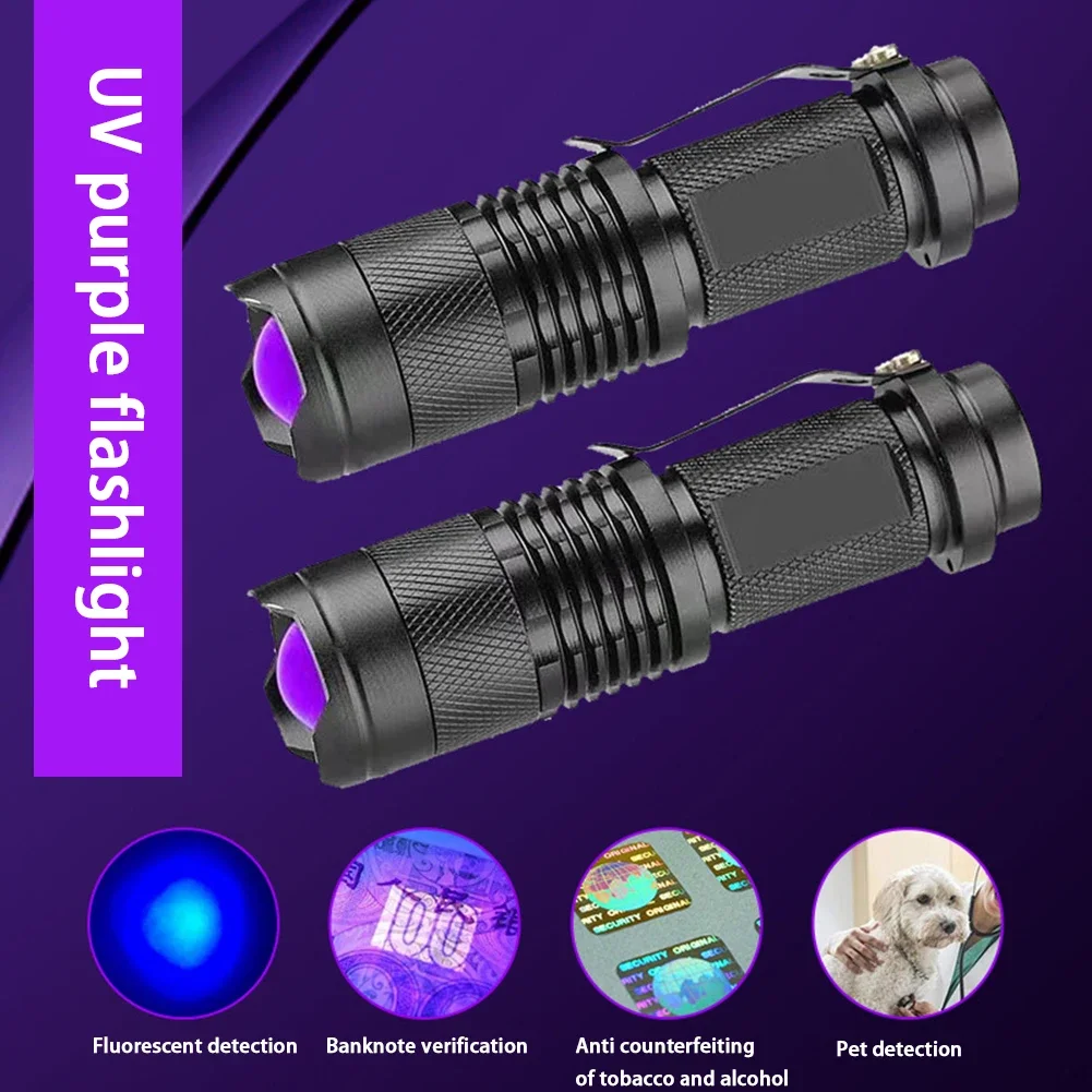 Linterna LED UV portátil, Mini linterna ultravioleta impermeable con zoom, luz violeta, Detector de escorpión de orina de mascotas, 365/395nm - imagen 2