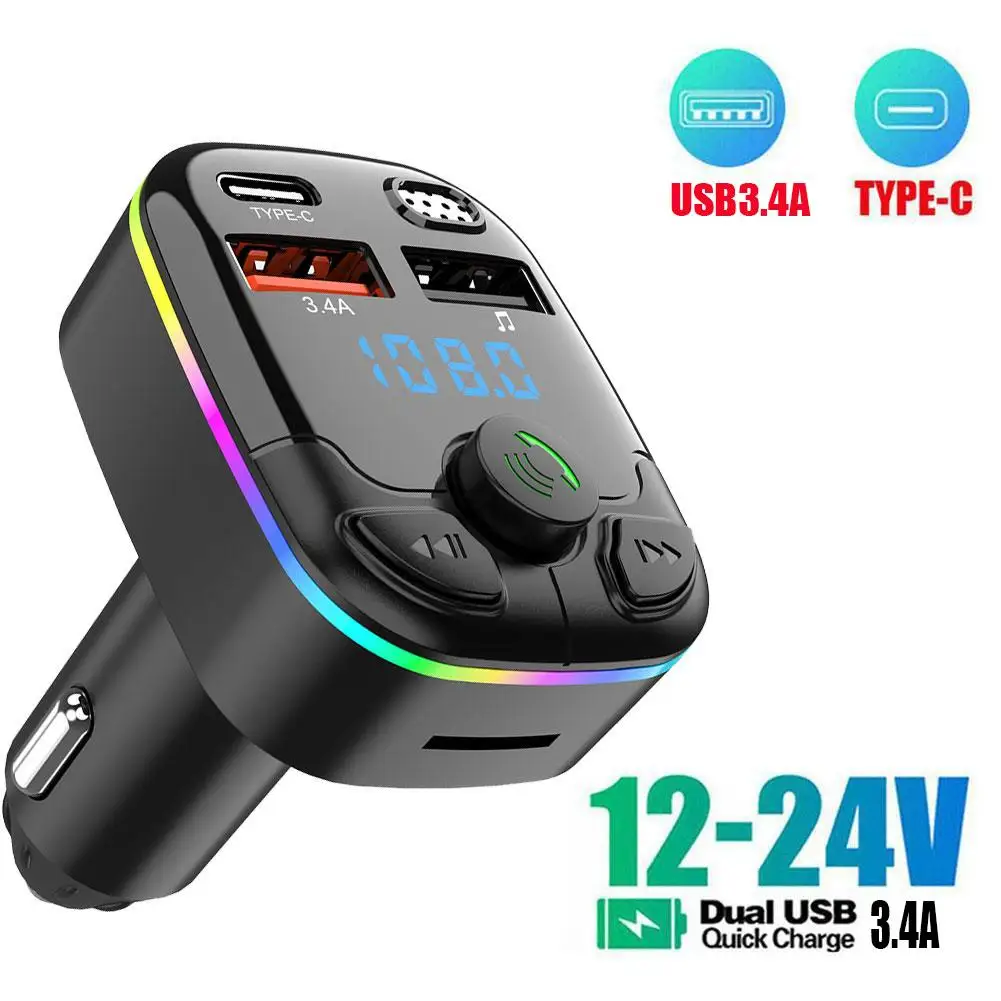 Transmisor FM para coche PD tipo C reproductor ambiental USB Dual cargador de luz inalámbrico MP3 adaptador de carga USB-C en cargador Bluetooth 5,0 para coche