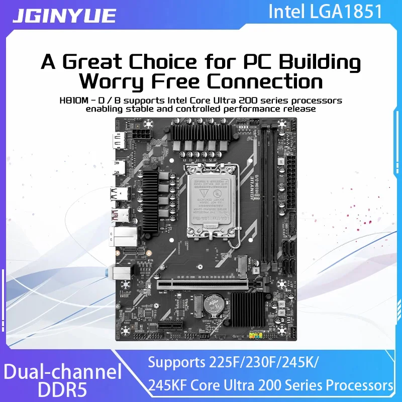 Placa base JGINYUE H810 Intel LGA1851 DDR5 de doble canal compatible con procesadores serie 225F/230F/245K/245KF Core Ultra 200