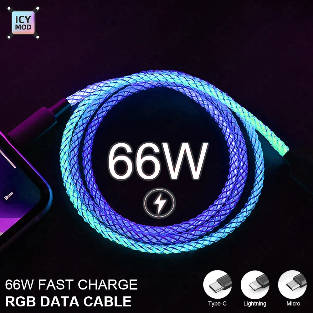 Cable de datos de carga Flash de 66W Cable de datos de Color mágico RGB compatible con USB Lightning, USB tipo C, Cable de datos Micro USB de 1 punto 3 - imagen 2