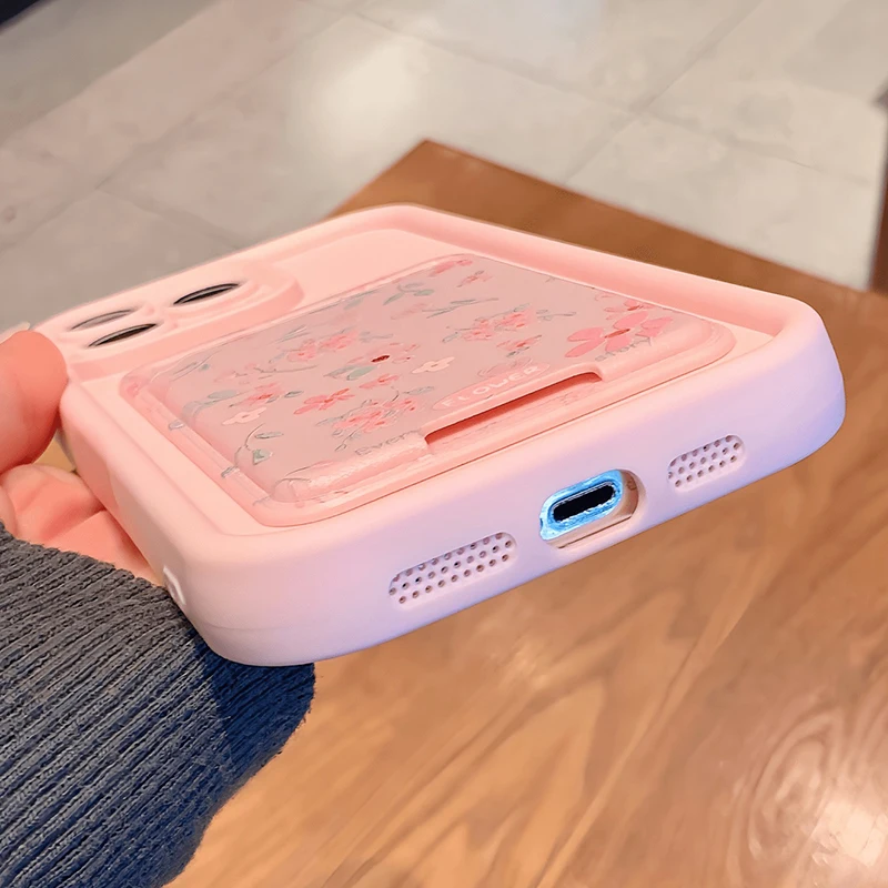 Funda de teléfono con bolsillo y ranura para tarjetas con flores rosas bonitas para iPhone 17 16 15 14 13 12 11 Pro Max 7 8 Plus X XS, funda de silicona a prueba de golpes - imagen 4