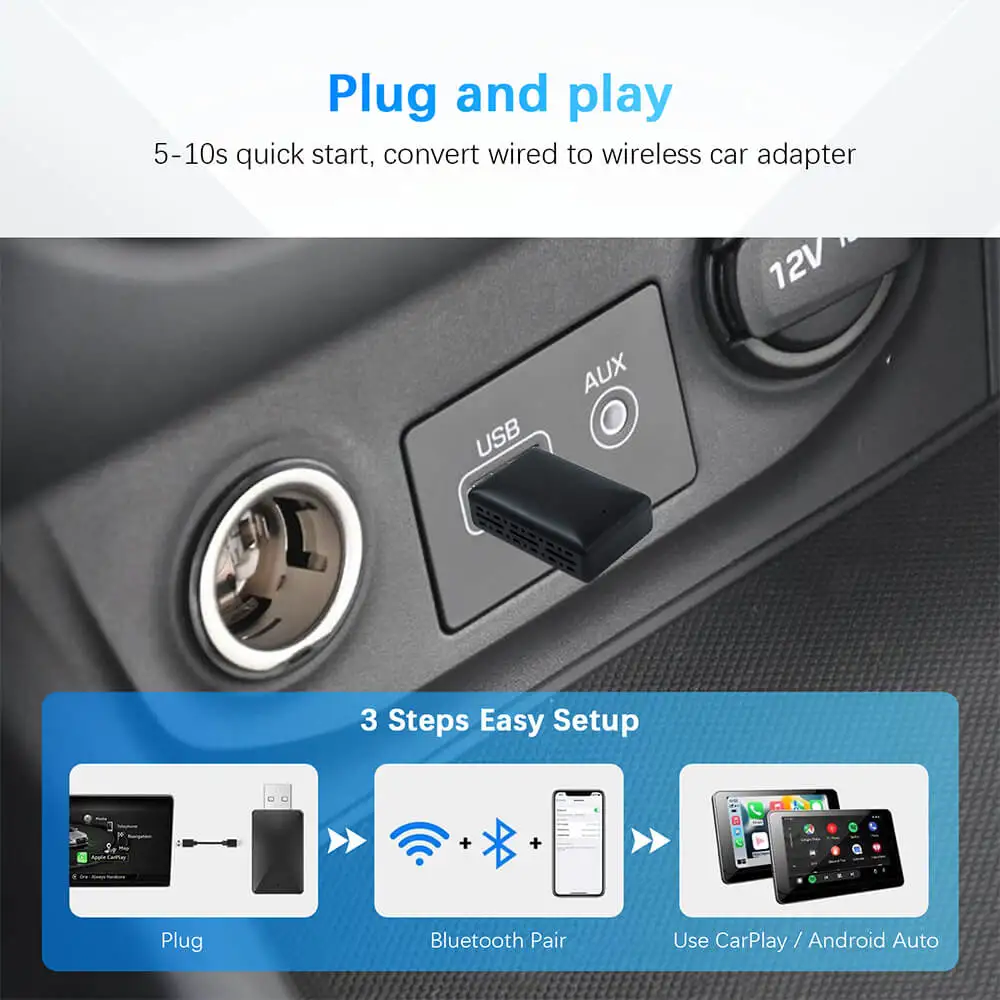 Adaptador 2 en 1 cableado a inalámbrico CarPlay Android Auto para estéreo de coche OEM con USB Plug and Play - imagen 4