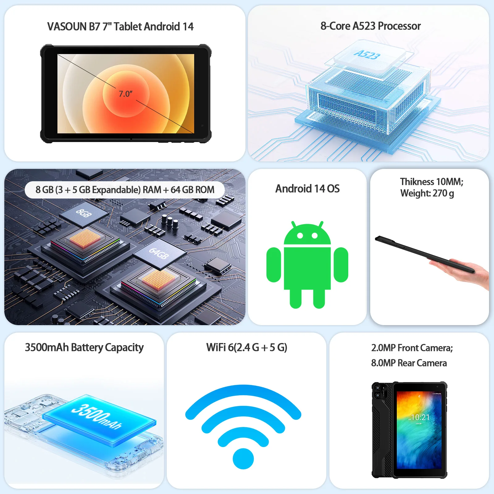 PRITOM Tablet Tabletas Android 14 de 7", 8 GB de RAM (expansión de 3 + 5 GB) 64 GB de ROM, procesador Octa-Core A523, WiFi 5G + WiFi6, cámara dual, negro - imagen 3