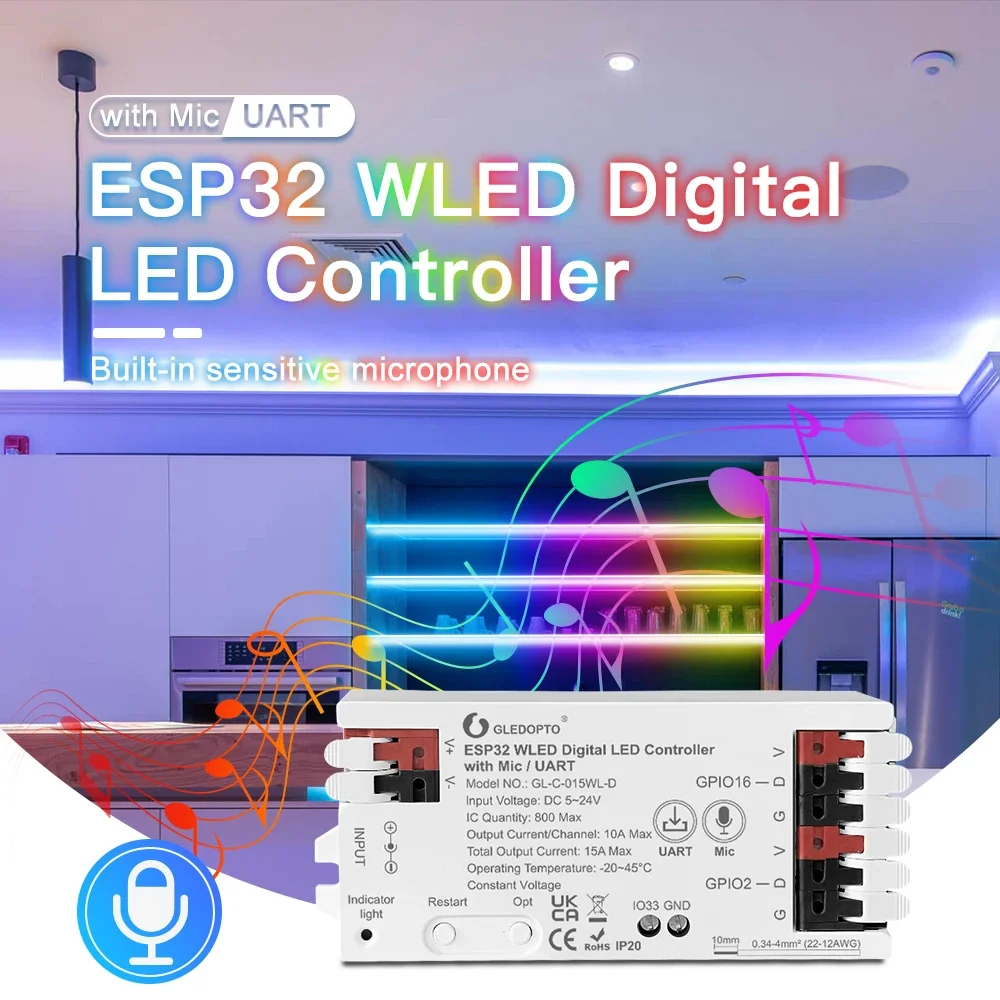 Controlador LED Gledopto ESP32 8266 WLED con micrófono, sincronización de música compatible con tiras de luces WS2811/2812B/WS2813/2815/SK6812 - imagen 5
