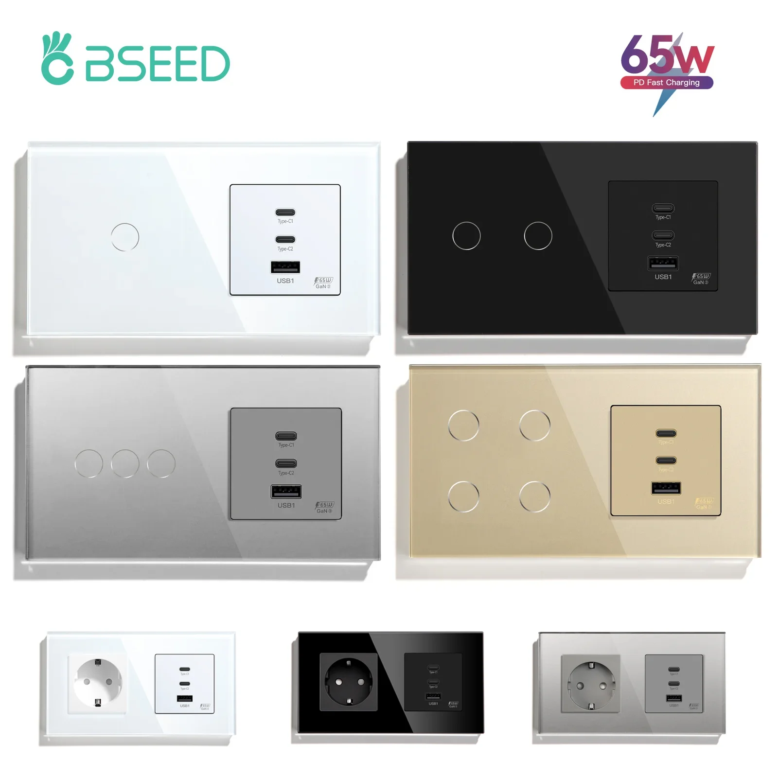 BSEED 1/2/3/4Gang Interruptor táctil para luz 1Way Plus 65w Dual tipo c USB puertos de enchufe de carga súper rápida Panel de vidrio estándar de la UE - imagen 2