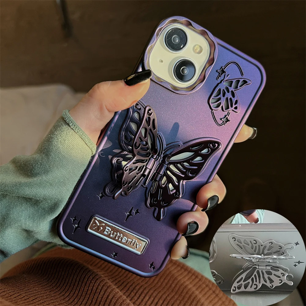 Bonita funda con soporte de mariposa 3D para iPhone 15 Pro Max 14 13 12 Pro Max, protector de lente de Metal chapado de lujo, cubierta de parachoques suave - imagen 2