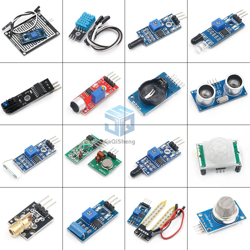 Módulo de sensor pi 2 3 para arduino, paquete de HC-SR04, 501, DHT11, DS3231, KY-008, sonido, lluvia, suelo, kit, 16 Uds./lote