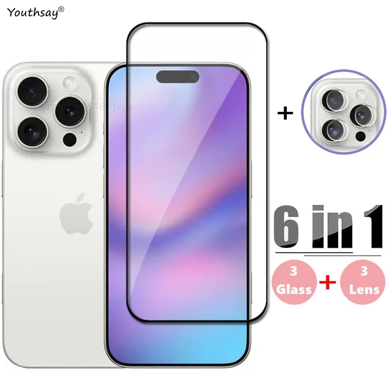 Vidrio 6 en 1 para iPhone 16 Pro Max vidrio templado para iPhone 16 Pro Max Protector de pantalla película de teléfono iPhone 16 15 14 13 12 Pro Max - imagen 2