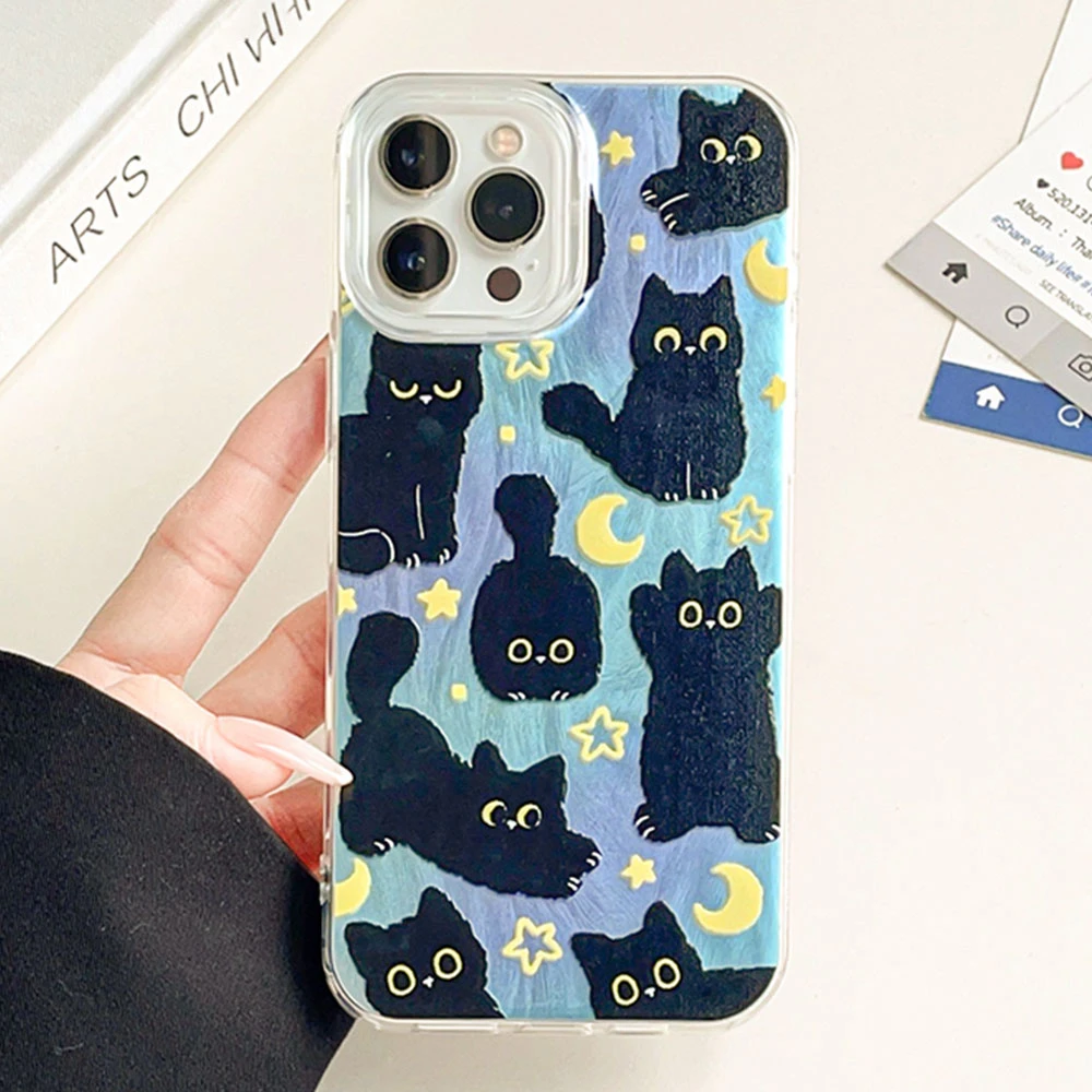 Funda de teléfono con diseño de gato negro y Luna para iphone 16, 15, 14, 7, 8, Plus, 13 Pro Max, 16e X XS XR SE 2022, carcasa trasera suave de silicona para niñas - imagen 2