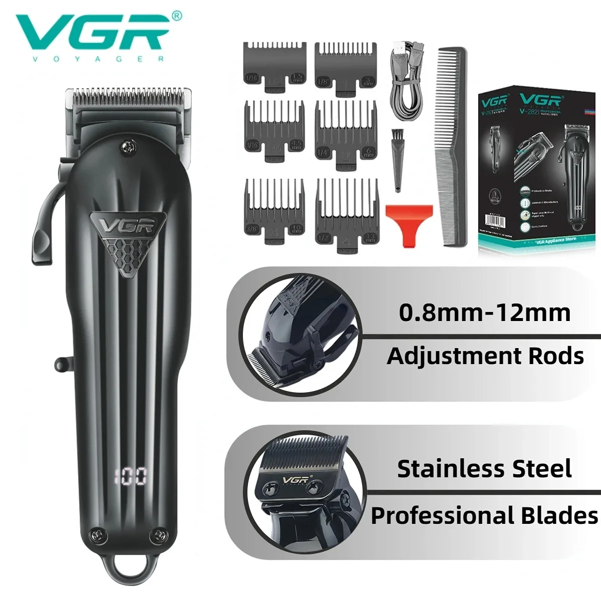 VGR-cortadora de pelo profesional para hombre, Afeitadora eléctrica, ajustable, inalámbrica, con V-282 USB - imagen 2