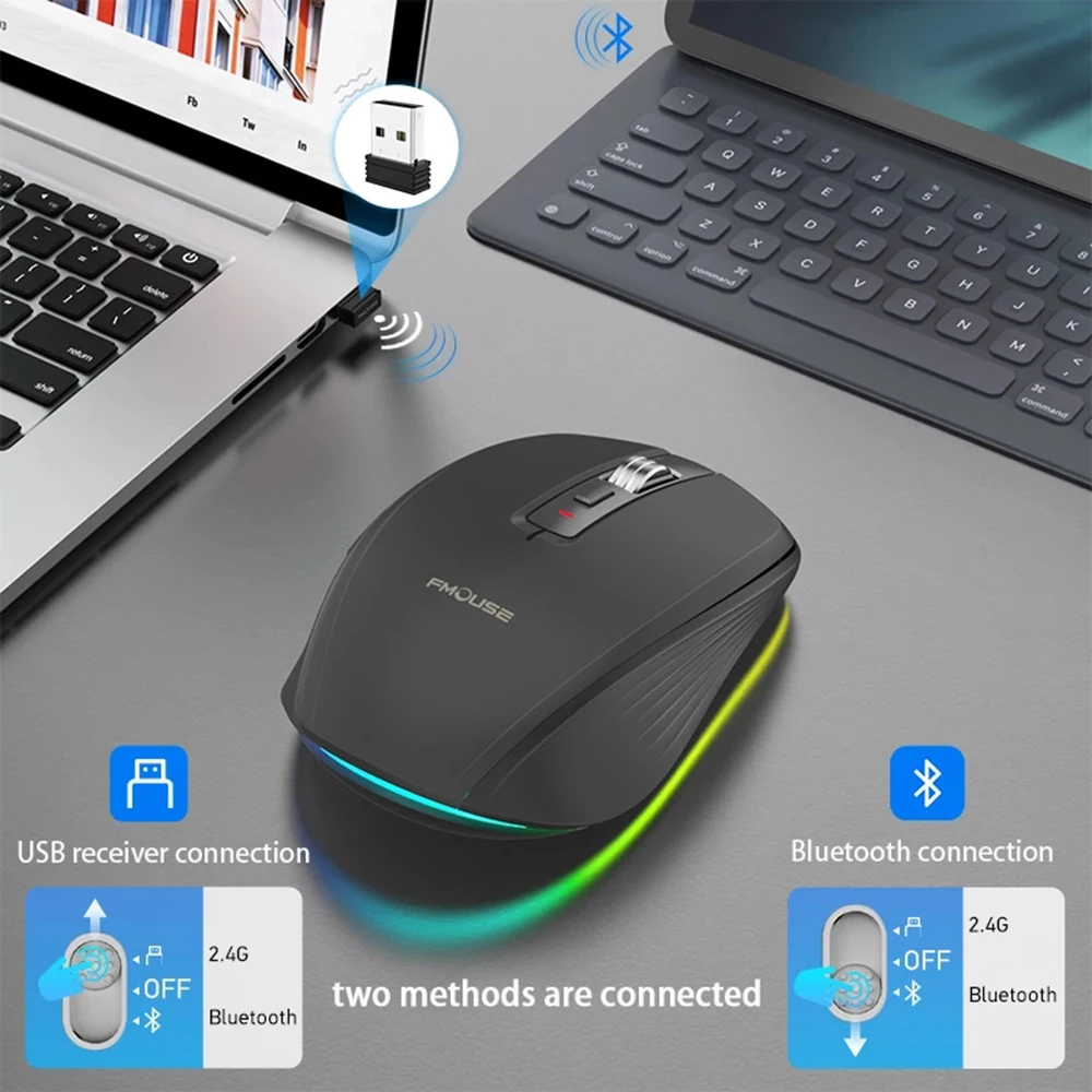 Ratón inalámbrico recargable con Bluetooth 2,4G, Mouse silencioso RGB para Windows, Mac, IOS, Android, portátil, tableta, teléfono, PC - imagen 5
