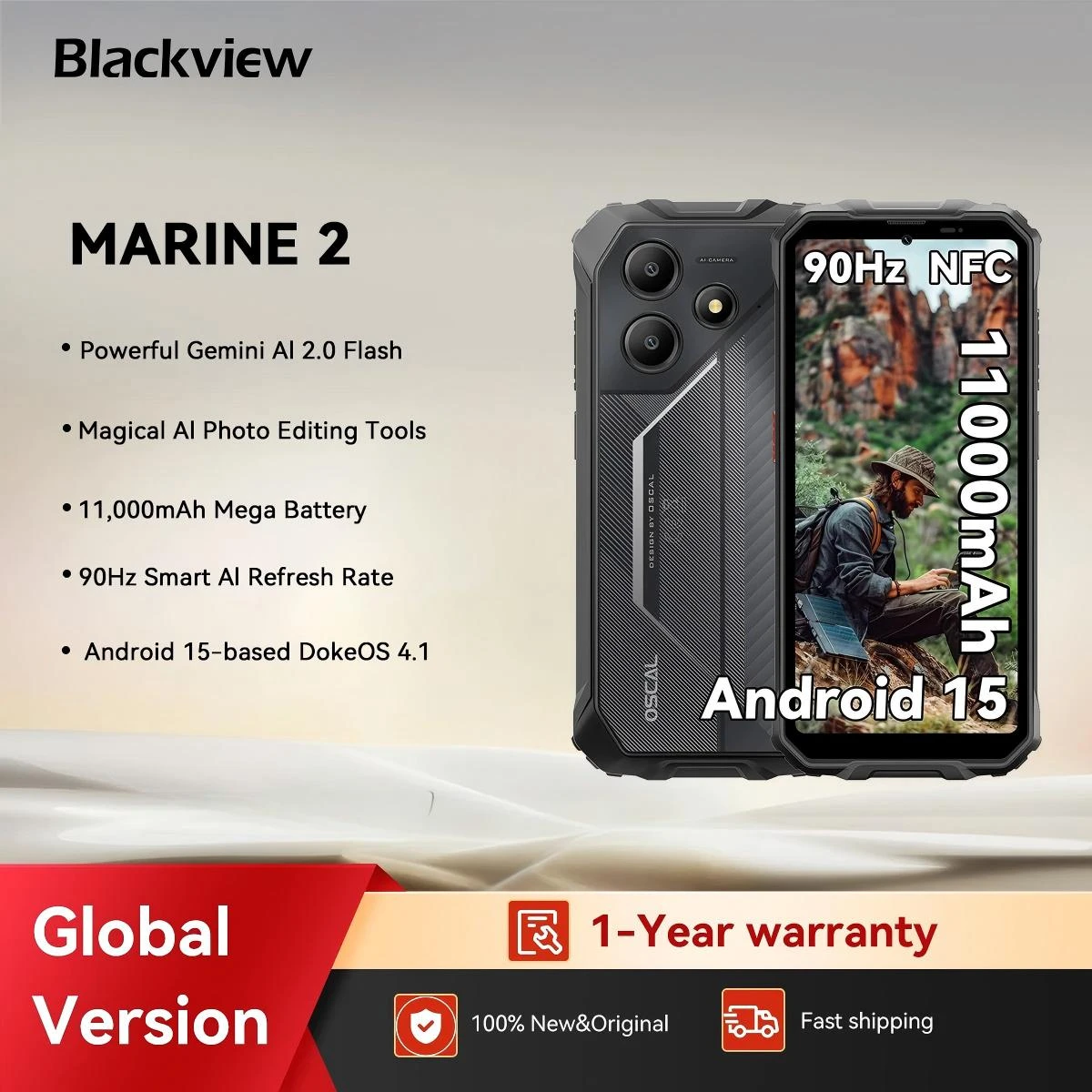 Blackview OSCAL MARINE 2 AI Smartphone Android 15, pantalla HD+ de 6,56 pulgadas, 24(8+16)GB 256GB, desbloqueo de teléfono inteligente resistente, 11000mAhNFC